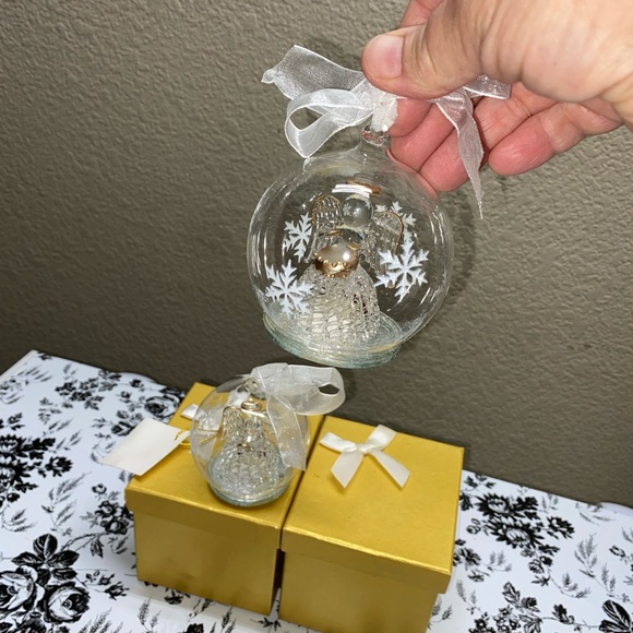* Glass Angel Ornaments blown glass drummer trumpet player in clear globe 2 set - Picture 12 of 12